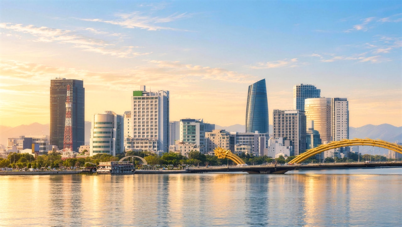 Da Nang skyline across the Han River in golden morning light, with the Dragon Bridge